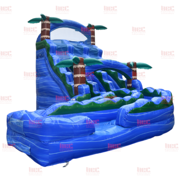 Piscina inflable de dos carriles con tobogán curvo de la serie J de 22 pies con forma de huracán azul