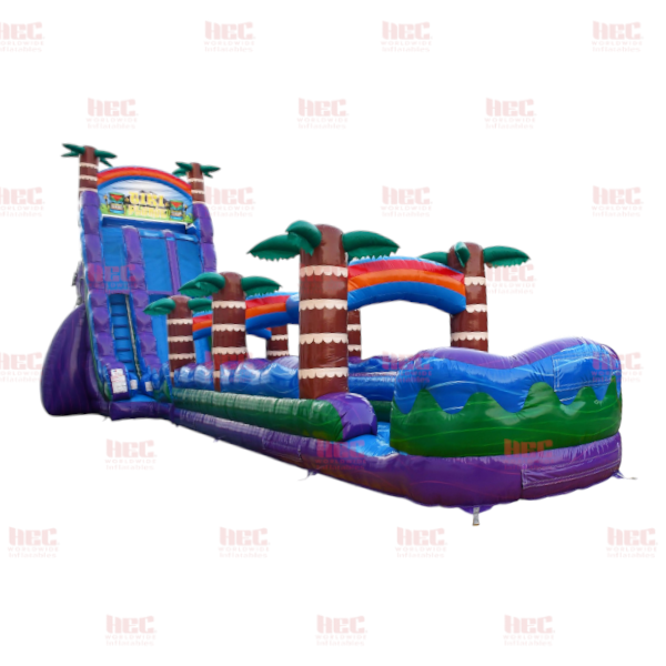 27 Foot Tiki Plunge™ Double Lane Inflated Pool Marble Purple with Slip and Slide Purple Base