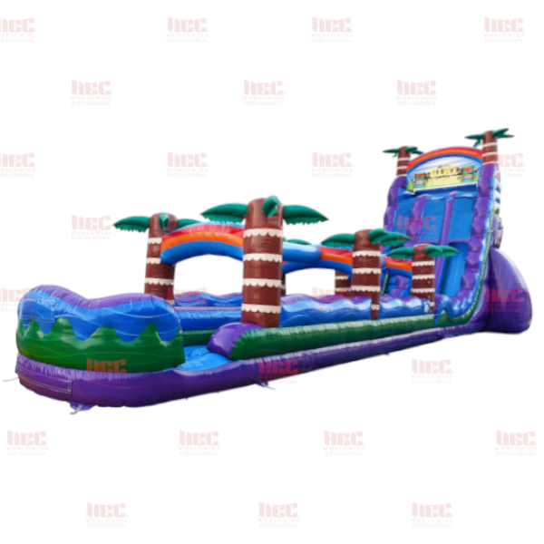 Piscina inflable de dos carriles Tiki Plunge™ de 27 pies con tobogán y base violeta