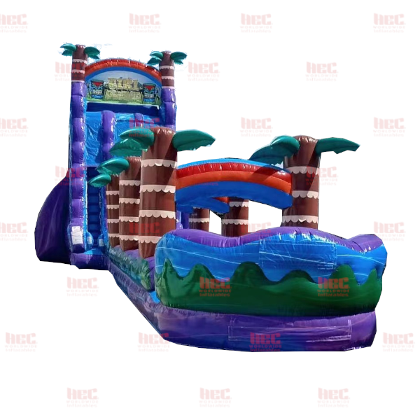 Piscina inflable de dos carriles Tiki Plunge™ de 27 pies con tobogán y base violeta