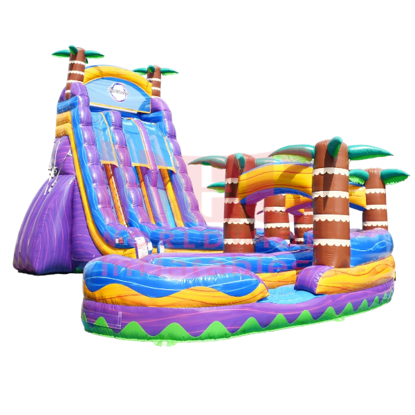 27 Foot Tropical Double Lane Inflated Pool J-Series Curved Slide with Slip and Slide