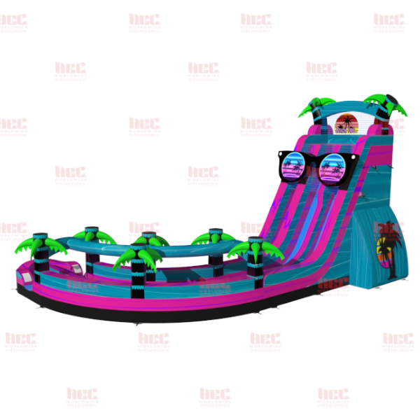 Piscina inflable de dos carriles Tiki Plunge de 27 pies, serie J, tobogán curvo con tobogán y tobogán