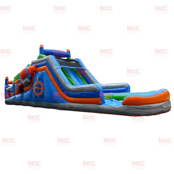 Piscina inflable con pista de obstáculos para jugadores de 45 pies, piso elevado, húmeda y seca