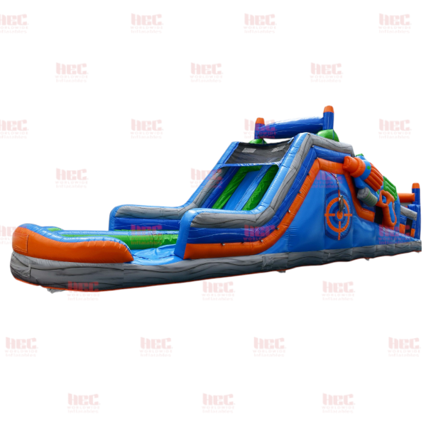 Piscina inflable con pista de obstáculos para jugadores de 45 pies, piso elevado, húmeda y seca