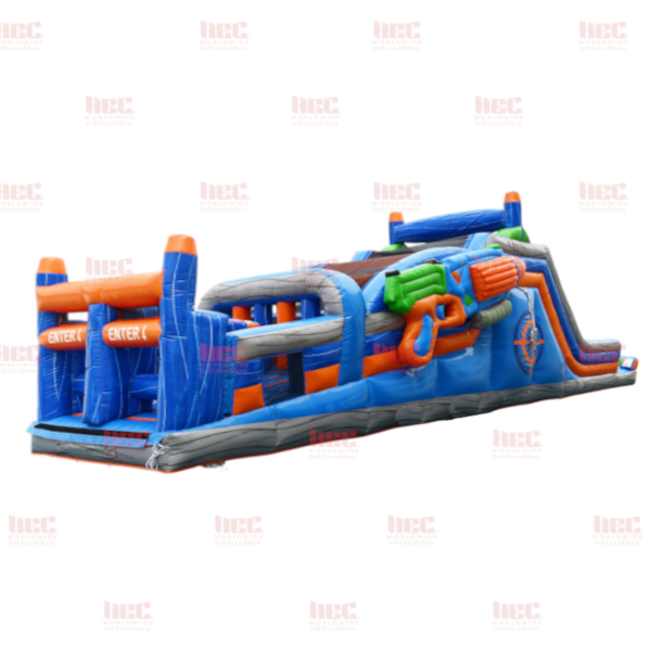 Piscina inflable con pista de obstáculos para jugadores de 45 pies, piso elevado, húmeda y seca