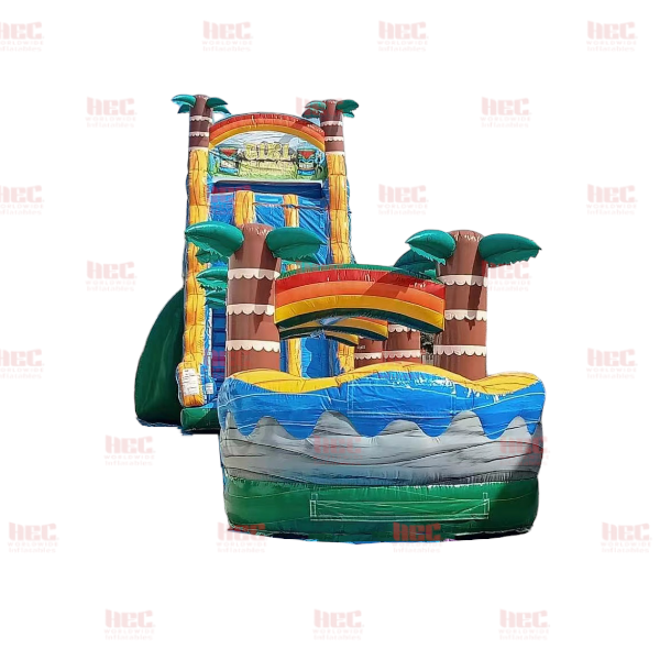 27 Foot Tiki Plunge™ Double Lane Inflated Pool with Slip and Slide Green Base