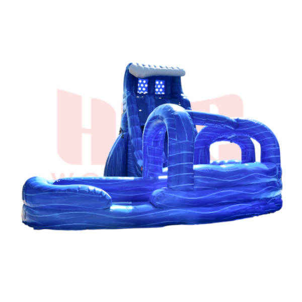 27 Foot Blue Hurricane Double Lane Inflated Pool J-Series Curved Slide with Slip and Slide