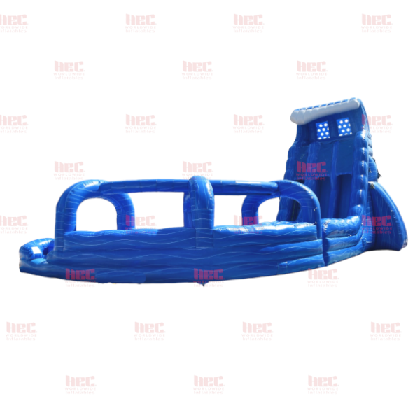 27 Foot Blue Hurricane Double Lane Inflated Pool J-Series Curved Slide with Slip and Slide
