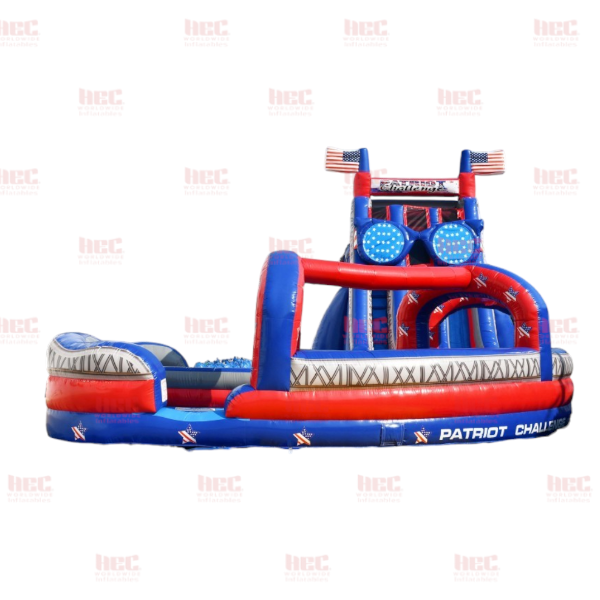 27 Foot Patriot® Challenge Curved Slide Double Lane Inflated Pool with Slip and Slide Glasses
