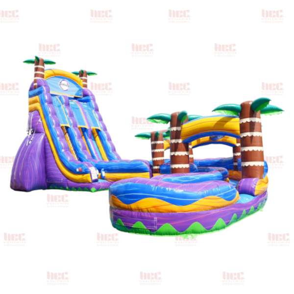 27 Foot Tropical Double Lane Inflated Pool J-Series Curved Slide with Slip and Slide