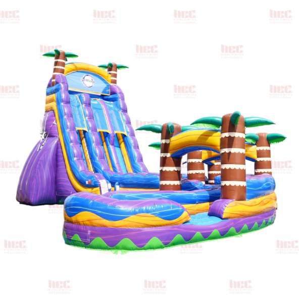 27 Foot Tropical Double Lane Inflated Pool J-Series Curved Slide with Slip and Slide