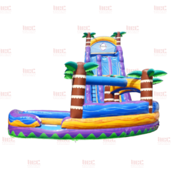 27 Foot Tropical Double Lane Inflated Pool J-Series Curved Slide with Slip and Slide